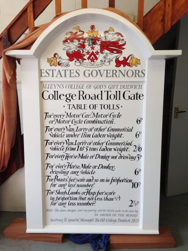 The completed Dulwich College traditional toll gate sign