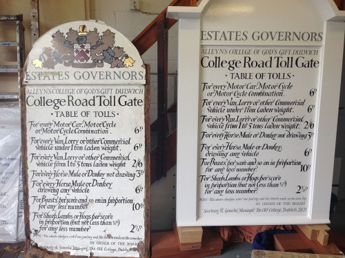 The original Dulwich College toll gate signboard with the new sign written replacement