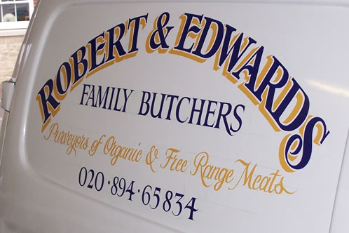 Hand painted butchers van sign