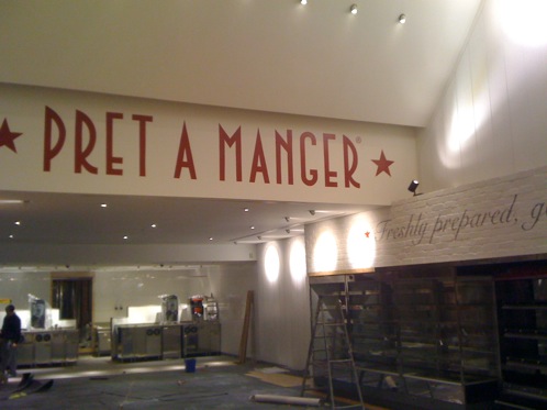 Hand painted signwriting at Pret A Manger Restaurant and cafe, Bicester Village