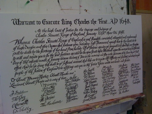 A signwritten replica of Death Warrant for Charles the First, for display at a pub