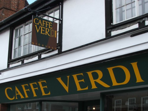 Hand painted fascia sign and swinging sign for caffe verdi