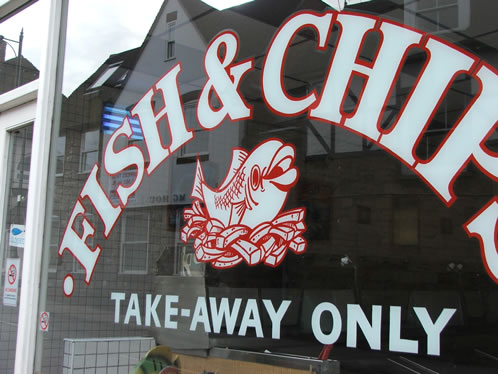 Fish and Chips shop window signwriting